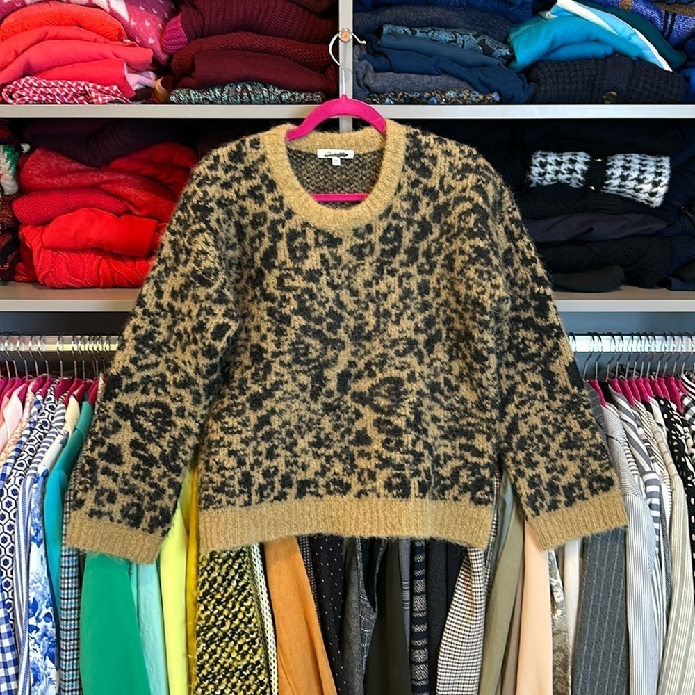 Madewell tan and black leopard print long sleeve crew neck sweater size XXS